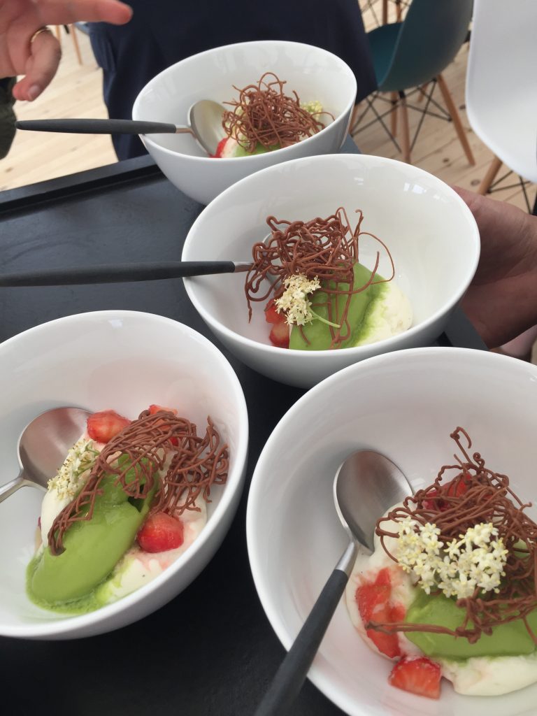Crème de fromage frais et fraises / Branche de chocolat / Sorbet céleri vert